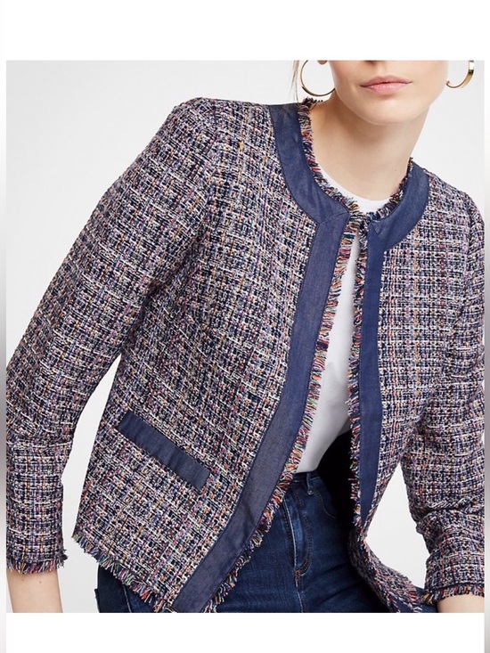 Ann Taylor Jackets & Blazers - Ann Taylor Multicolor Tweed Fringe Jacket Blazer Navy Trim Size 14